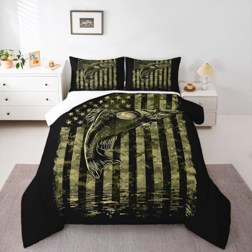 Feelyou Green Black Camouflage Comforter Set Fish Camo American Flag Bedding Set for Women Men Room Farmhouse Fishing Decor Comforter Wild Quilted Set 3Pcs Queen Size