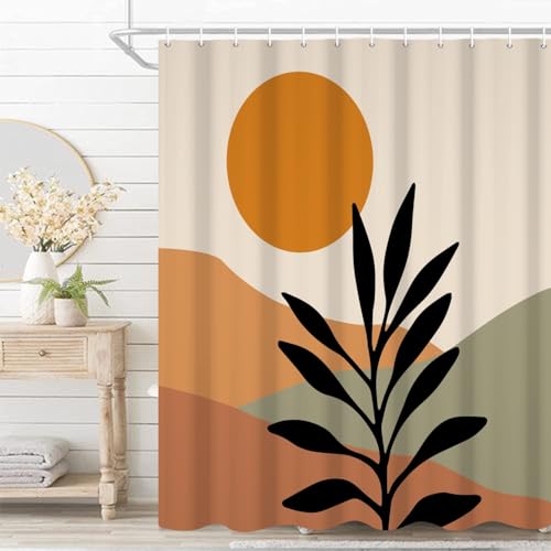 Umpoo Bohemian Bathroom Shower Curtain Orange Sun Eucalyptus Leaves Abstract Mountain Boho Theme Bath Curtain with Hooks Waterproof Fabric Polyester Shower Curtain Modern Home Decor, 72x96 Inch