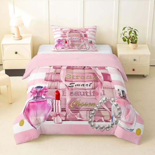 Erosebridal Pink Cute Twin Bedding Sets Girly Fashion Bow Comforter Set for Girls Teens Kids Women Modern Pink and White Stripe Quilt Positive Quotes Books Pearl Perfume Bed Sets,Fantasy Room Decor