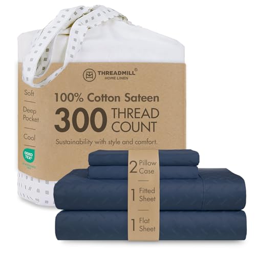 Threadmill 100% Cotton Sheets for King Size Bed - 4 Pc King Bed Sheets Set - Soft, Breathable Lightweight Damask Sateen for All-Season Use - Snug Fit Elastic Deep Pocket King Sheets - Folkstone Blue