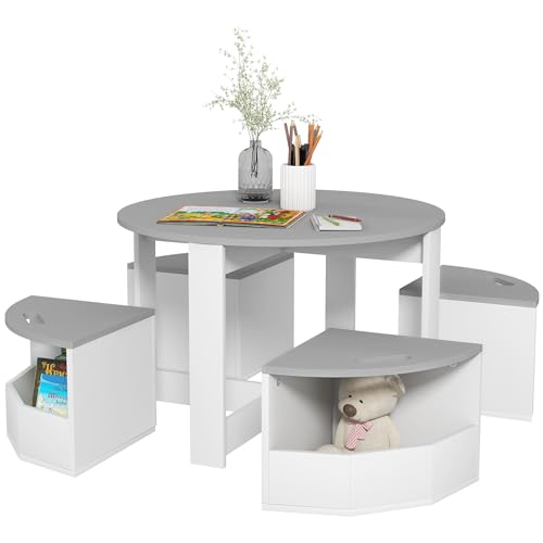 AIYAPLAY Kids Table and Chairs Set, Five-Piece Childrens Table and Chair Set with Storage, Children Activity Table for Ages 3-8 Years, Grey