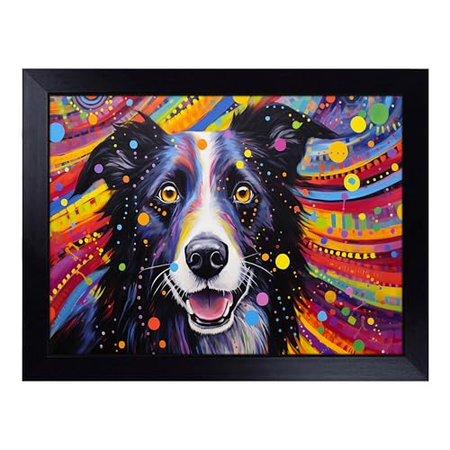 Lap Tray with Bean Bag Cushion, Border Collie Expressionism - Handmade in the UK, Raised Wooden Edge, Padded Cushion, Heat-Resistant Wipe-Clean Surface, for Meals, Laptops and Crafts