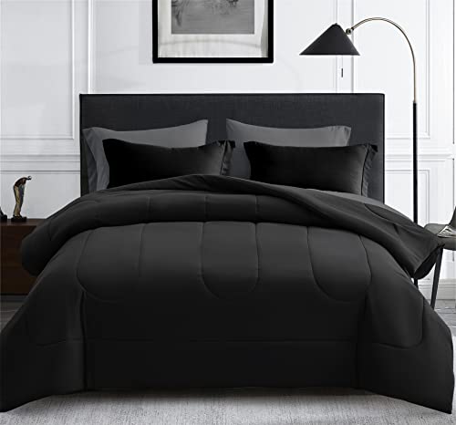 Maple&Stone Full Comforter Set 7 Pieces Bed in a Bag Black Bedding Set - Two-tone Design, Down Alternative Comforter Set with Sheets, Pillowcases & Shams, Comfortable All Season