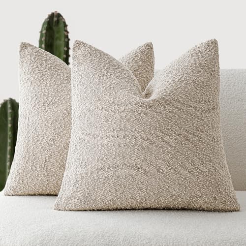 Foindtower Set of 2, Decorative Textured Boucle Throw Pillow Covers Accent Solid Pillow Cases Neutral Soft Cozy Couch Cushion Case for Chair Sofa Bedroom Living Room Home Decor 16 x 16 Inch,Oatmeal