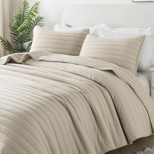 ROARINGWILD Neutral Beige Quilt Set Twin Size, 2-Piece Lightweight Bedspread Coverlet for All Season, Soft Quilted Blanket with 1 Pillow Sham, Modern Farmhouse Bedding (68x90in)