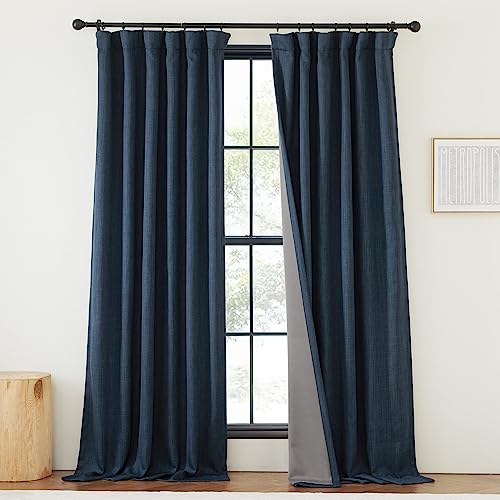 NICETOWN 100% Blackout Bedroom Curtains 96 inches Long, Pinch Pleated Thermal Curtains Faux Linen Blend Light Blocking Noise Canceling Window Drapes for Bedroom, Navy Blue, W50 x L96, 1 Panel