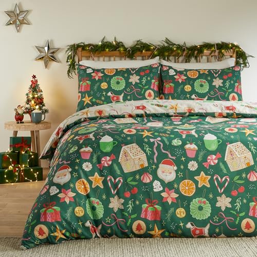 furn. Duvet Day Festive Treats Duvet Cover Set – Reversible Soft Christmas Bedding (Emerald - Double)