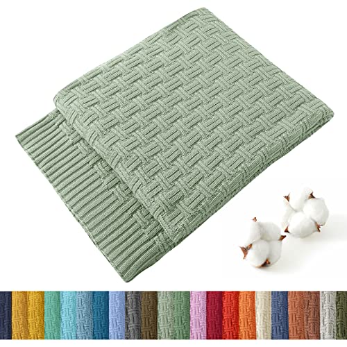 TREELY 100% Cotton Knitted Throw Blanket 60 x 80 Inches, Light Sage Green - Couch Cover Blanket, Decorative for Couch, Bed & Sofa