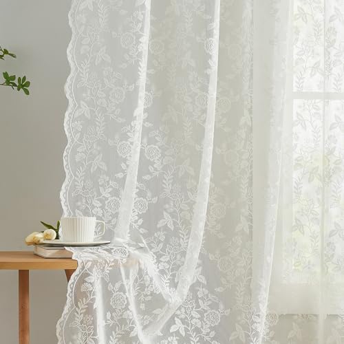 FINECITY Lace Curtains 80 Inches Long 2 Panels Set Rustic Leaf Floral Knitted Vintage Lace Curtains for Bedroom Living Room Rod Pocket Privacy Antique Sheer Lacy Curtains Drapes, 52 x 80 Inch, Ivory