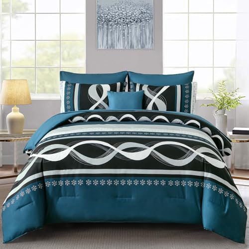 "Anibedding Teal Comforter Set King Size, 8 Piece Patchwork Striped Comforter Set, Soft Microfiber Boho Bedding Set for All Season(104""??90"")"