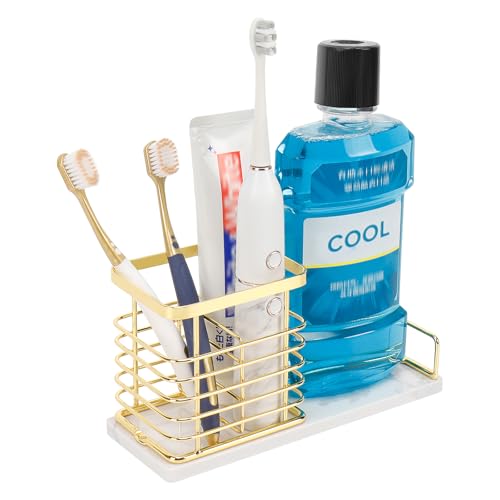 HarJue Toothbrush Holder, Luxurious Metal Toothbrush Toothpaste Holder for Bathroom, Multi-Slots Openwork Design, Bathroom Accessory for Storage and Organizer (Marble Base-Large, Gold)