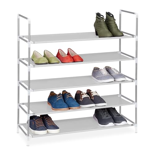 Relaxdays Shoe Rack With Handles, Fleece Fabric, 90.5 x 87 x 29.5 cm, 5 Shelves For up to 25 Pairs of Shoes, White