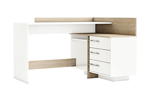 Demeyere Bureau d’angle Droit ou Gauche Thales avec Rangement - 3 Tiroirs – Chêne Brossé - Robuste et Fonctionnel - L 128,5 x P 105,7 x H 83,2 cm