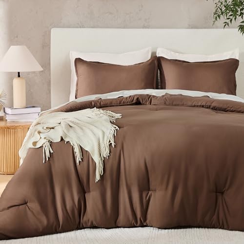"Andency Brown Comforter Set California King Fluffy Bedding 3 Pieces - 3 Pieces Soft Solid Cal King Comforter Set, Reversible Warm Dark Brown Bed Set Cali King Comforters 104""x96"""