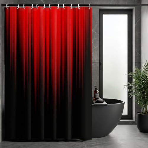 AAtter Red Black Gothic Shower Curtain, Extra Long 72x84 Inch, 12 Hooks - Burgundy Ombre Polyester Fabric, Dark Modern Abstract Style, Cool Anime Design, Trendy Striped Tall Bathroom Decor for Men