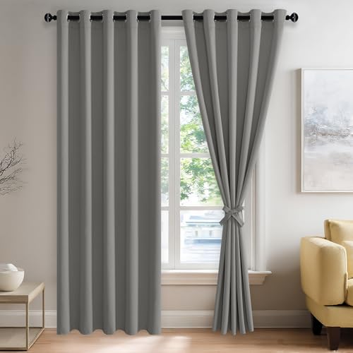 JIUZHEN Light Grey Blackout Curtains with Tiebacks Thermal Insulated,Light Blocking and Noise Reducing Grommet Curtains for Bedroom and Living Room, Set of 2 Window Curtain Panels, 60 x 84 Inch Length