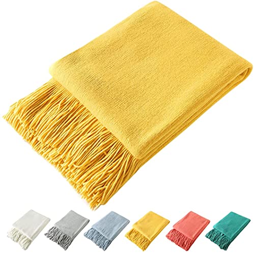 Homiest Decorative Knitted Throw Blanket with Fringe, Lightweight Acrylic Knit, Soft & Cozy Tassel Blanket for Couch, Sofa, Bed (Yellow, 60 x 80 Inch)