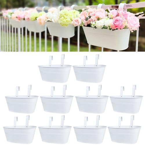 L??L??Green Set of 10 White Iron Hanging Flower Pots for Outdoor, Terrace, Balustrade, Fence, Wall Mount, Window, Window Support with Hooks for Porch Decoration