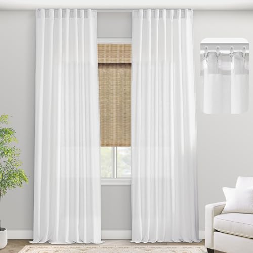 PANELSBURG White Linen Curtains 108 Inches Long for Track System Rail with Hooks, Semi Sheer Light Filtering 9 Foot Floor to Ceiling Drapes