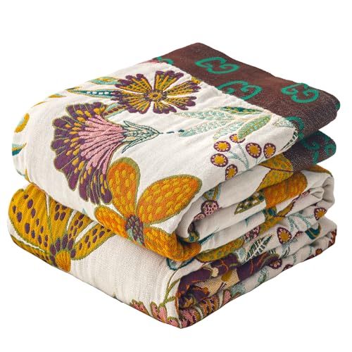 "VANJOROY Boho Large Throw Blanket, 100% Organic Cotton Soft Sofa Bed Throw-Floral Farmhouse Decor Blanket, Reversible Bohemian Throw for Bed Chair Quilt and Gift, 60"" x 80""-BeigeWhite"