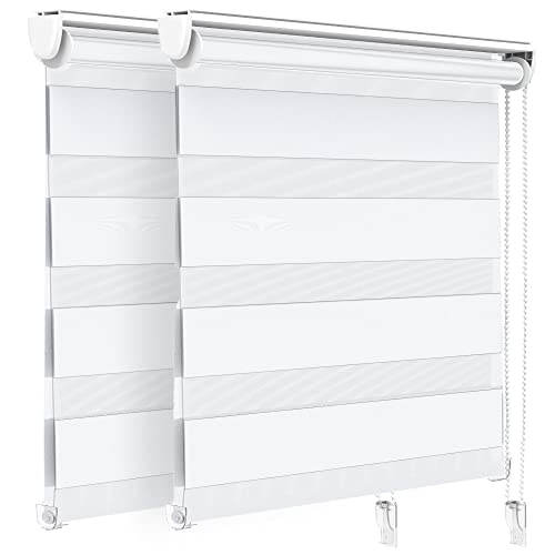 VOUNOT® Set of 2 Day and Night Blinds No Drill, Zebra Roller Blinds for Windows, Double Layer Translucent and Blackout Fabric, Easy Installation Window Shades, White, 100 x 150 cm