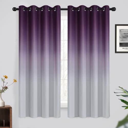 Yakamok 63 Inch Purple and Greyish White Ombre Curtains RoomDarkening,52x63 - Light Blocking Gradient Curtains for Bedroom,Thermal Insulated Grommet Window Drapes,Curtain for Living Room 2 Panels,52Wx63L
