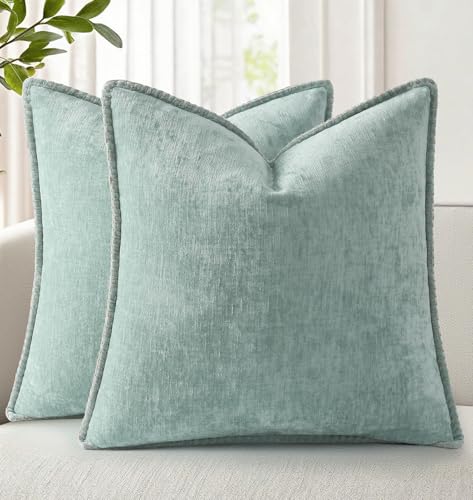 decorUhome Chenille Soft Throw Pillow Covers 18x18 Set of 2, Farmhouse Velvet Neutral Decorative Pillow Covers with Stitched Edge for Couch Sofa Bed Home Decor, Aqua Haze