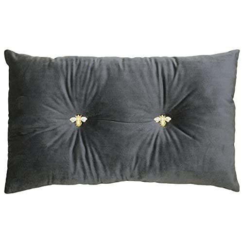 "Bumble Rectangular Bee Scatter Cushion - Charcoal Grey - Faux Velvet Look and Feel - Jewelled Metal Bee Buttons - Polyfilled - 100% Polyester - 30 x 50cm (12"" x 20"" inches) - Made by Riva Paoletti"