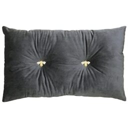 Paoletti Bumble Polyester Filled Cushion – Luxury Ruched Velvet Jewelled Bee Button Decorative Pillow (Charcoal – 30x50cm)