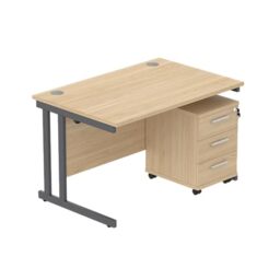 Office Hippo Heavy Duty Contract Grade Office Desk Workstation and Lockable 3-Drawer Pedestal Set, 120kg Weight Tolerance, 5-Year Warranty, FSC Certified, Canadian Oak, Graphite Legs, 1200 x 800mm