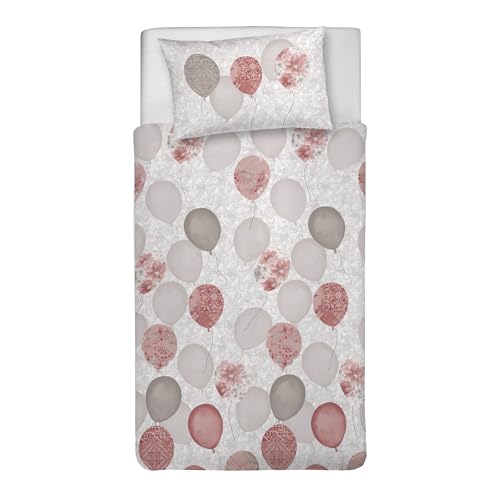 PENSIERI DELICATI Single Duvet Cover Set, 100% Cotton, Complete with 155 x 200 cm Bag and 1 Pillowcase 52 x 82 cm, Made in Italy, Duvet Cover Machine Washable At 40 Degrees, Red Balloons Design
