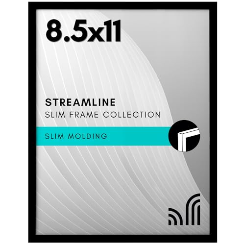 Americanflat 8.5x11 Picture Frame with Shatter-Resistant Glass - Streamline Collection - Thin Border Photo Frame for Tabletop and Wall Display - Hanging Hardware and Easel Stand Included - Black