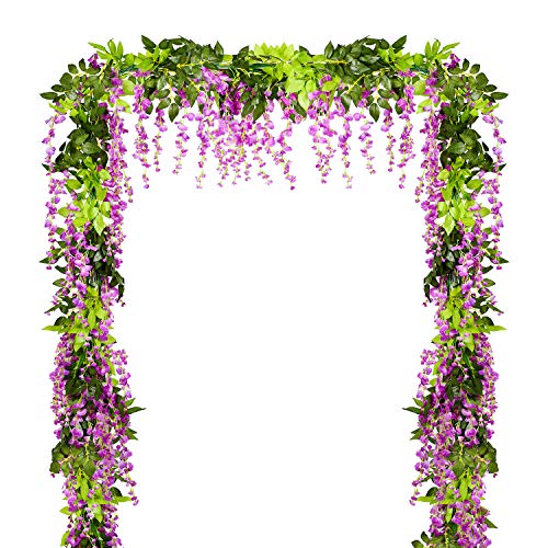 Lvydec Wisteria Artificial Flowers Garland, 4 Pcs Total 28.8ft Artificial Wisteria Vine Silk Hanging Flower for Home Garden Outdoor Ceremony Wedding Arch Floral Decor (Purplish Red)