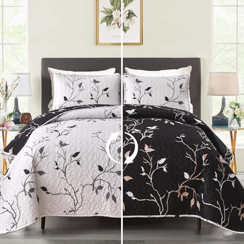 DJY Floral Quilt Set King Size 3 Piece Botanical Leaves White and Black Quilt Bedspread Reversible Coverlet Set, Elegant Lightweight Floral Bedding Set with Pillowcases for All Season