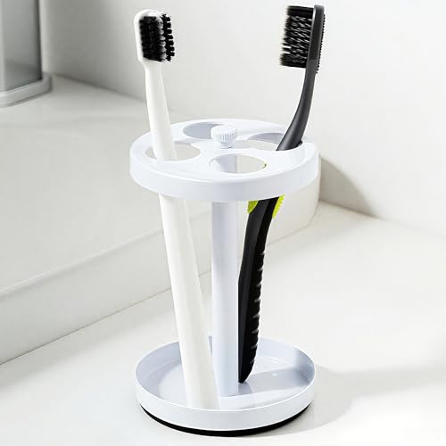 White Stainless Toothbrush Holder Stand: Rustproof Bathroom Countertop Organizer, 4 Ventilated Slots Hold Manual Toothbrushes, Razor, Toothpaste Tube, Non???Slip Compact Sink Caddy