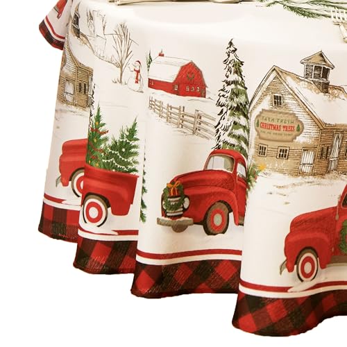 "Elrene Home Fashions Vintage Truck Christmas Tree Farm Tablecloth, 70"", Round"