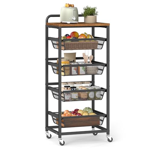VASAGLE 5-Tier Storage Trolley with Pull-Out Baskets, Kitchen Shelf with Wheels, Handle, 31.7 x 40 x 95 cm, Rustic Brown and Ink Black LRC041K01