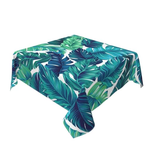 Summer Tropical Tablecloth 54x54 Inch Square Navy Blue Green Hawaiian Palm Leaf Table Cloth Table Cover Polyester Washable Wrinkle Resistant for Kitchen Dining Holiday Party Dining