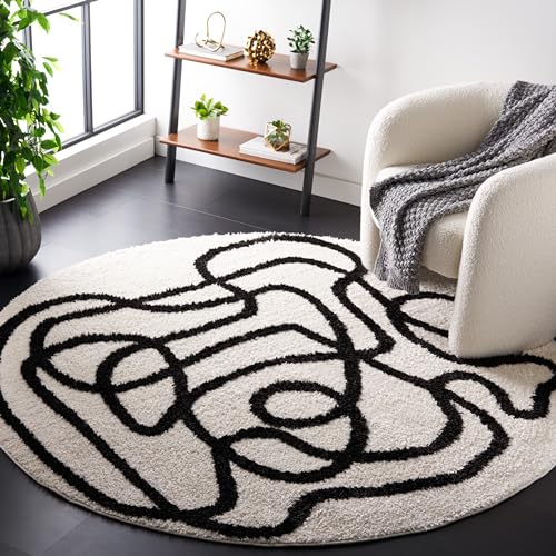 Safavieh Boho Rug for Living Room, Dining Room, Bedroom - Norway Shag Collection, High Pile, in Ivory and Black, 201 X 201 cm