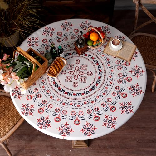 "Artbloss Round Fitted Tablecloth with Elastic Boho Waterproof Oli Proof Table Cover Moroccan Wipeable Vinyl Table Protector for Home Picnic Outdoor (Boho, 46""-55"" Round Tight Fit)"