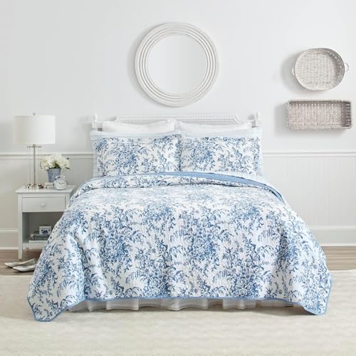 Laura Ashley Home Reversible Cotton Bedding with Matching Shams, Lightweight Home Decor for All Seasons, Bedford Delft Blue, Queen