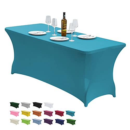 "CWK 8FT Stretch Spandex Fitted Tablecloth,Rectangular Table Cover,Teal - Fits 96x30"" rectangular folding tables.Wrinkle & stain resistant stretch fabric.Ideal for parties,weddings & vendor events"