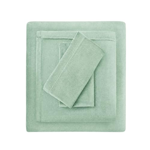 "Viviland Plush Micro Polar Fleece Full Bed Sheet Set, Cozy Flannel-Like Velvet/Velour Fitted Sheets with 15"" Deep Pocket, Fuzzy Warm Winter Double Sheets & Pillowcase Set, Sage Green"
