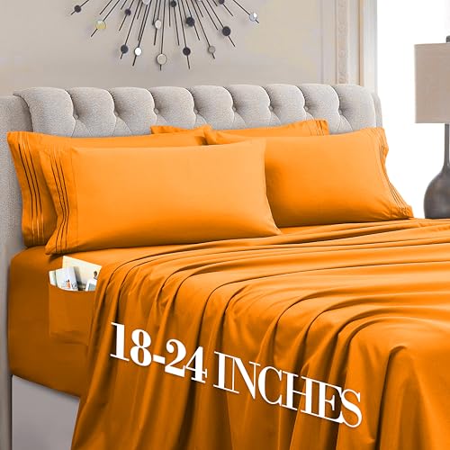 Mocassi Luxury 6-Piece Sheet Set, Ultra Soft 1800 Premium Hotel Quality Microfiber Sheet Set, Fits Mattresses Up to 18 to 24 Inches Extra Deep Pocket - Breathable and Secure Fit, King, Orange