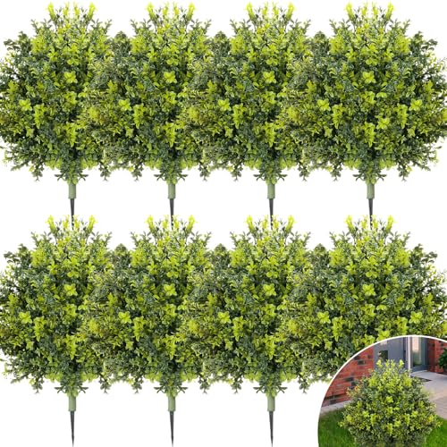 "CroBlissful 8 Pack 24"" Artificial Boxwood Topiary Ball Trees with Ground Spikes, UV Resistant Faux Evergreen Boxwood Shrubs Fake Bushes for Front Door Porch Garden Entryway Outdoor Indoor Decor"