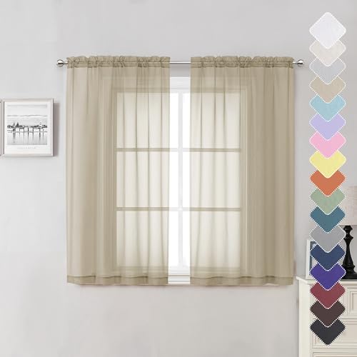 Lecloud Taupe Sheer Curtains 54 Inch Length 2 Panels Set, Balance Light & Privacy Solid Voile Curtains for Living Room Bedroom, Dual Rod Pockets Cafe Kitchen Window Drapes, 40x54 Inches