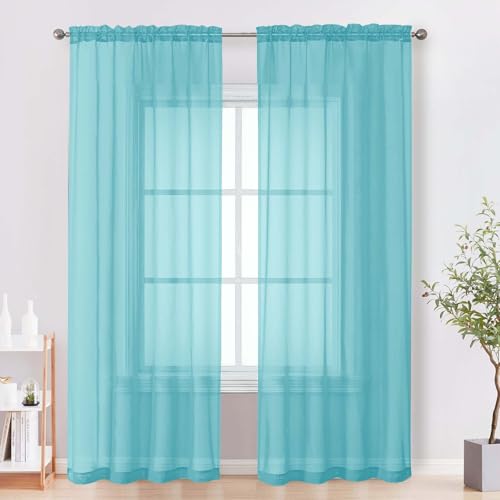 OVZME Sheer Curtains 84 Inches Long 2 Panels Set, Light Filtering Transparent Lightweight Soft Window Treatment Panels for Study Room Living Room Guest Room, Each 42W x 84L Inches, Aqua