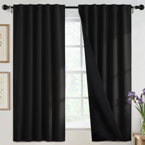 SimpleHome 100% Blackout 63 Inch Black Curtains for Living Room - Curtains for Bedroom,Rod Pocket and Back Tab Window Drapes,Room Darkening Curtains with Black Back,52 x 63 Inch,2 Panels