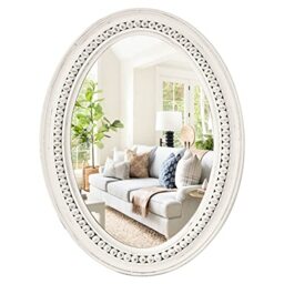 H HOMEWINS Oval Wood Rustic Mirror,20x30 Wooden Oval Decorative Mirrors,Farmhouse Wall-Mounted White Beads Decor Mirror for Bedroom, Bathroom, Living Room,Vanity