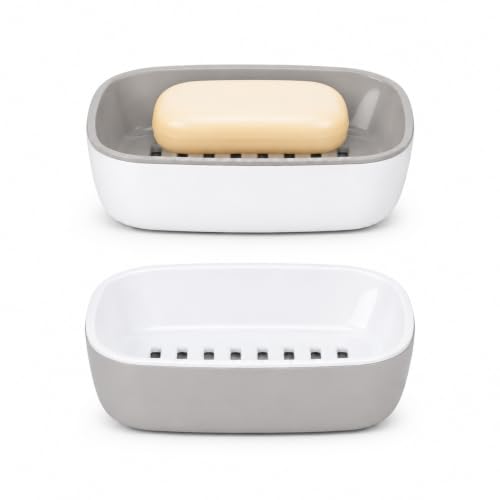 2 PCS Soap Dish, Double-Layer Self-Draining Soap Holder Soap Box, Fits 99% Standard Soap Bars, Easy to Clean for Bathroom Shower Kitchen Countertop (White & Grey)